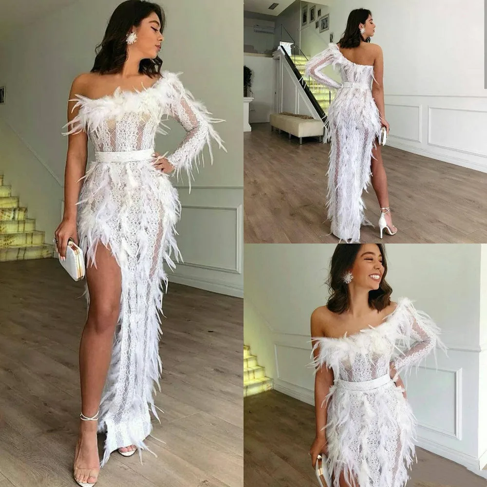 White Muslim Evening Dresses Shealth One Shoulder Feathers Slit Sexy Islamic Dubai Saudi Arabic Long Elegant Evening Gown
White Muslim Evening Dresses Shealth One Shoulder Feathers Slit Sexy Islamic Dubai Saudi Arabic Long Elegant Evening Gown