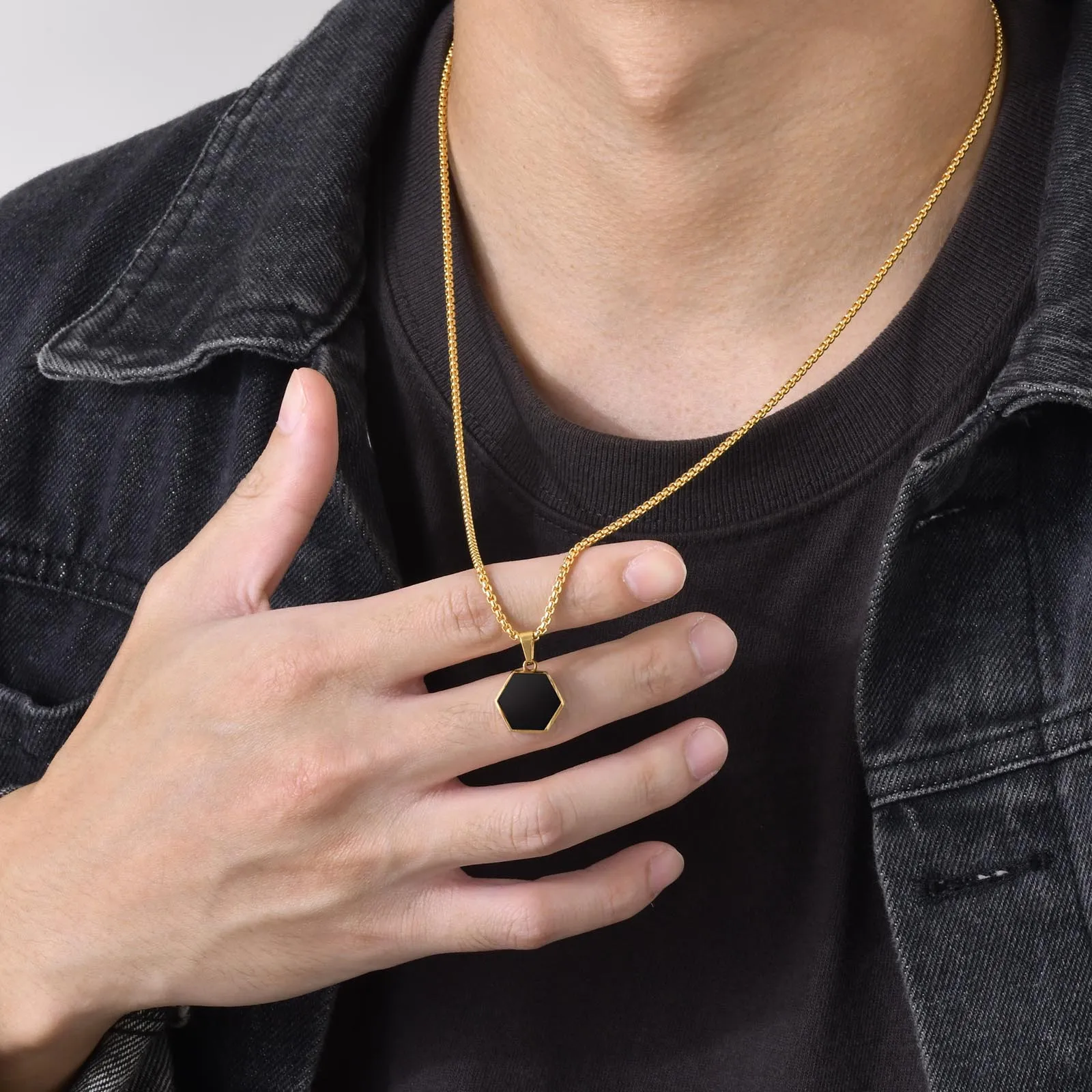 Casual Black Hexagon Necklaces for Men Jewelry, Gold Color Stainless Steel Geometric Pendant with Box Chain Collar
Casual Black Hexagon Necklaces for Men Jewelry, Gold Color Stainless Steel Geometric Pendant with Box Chain Collar