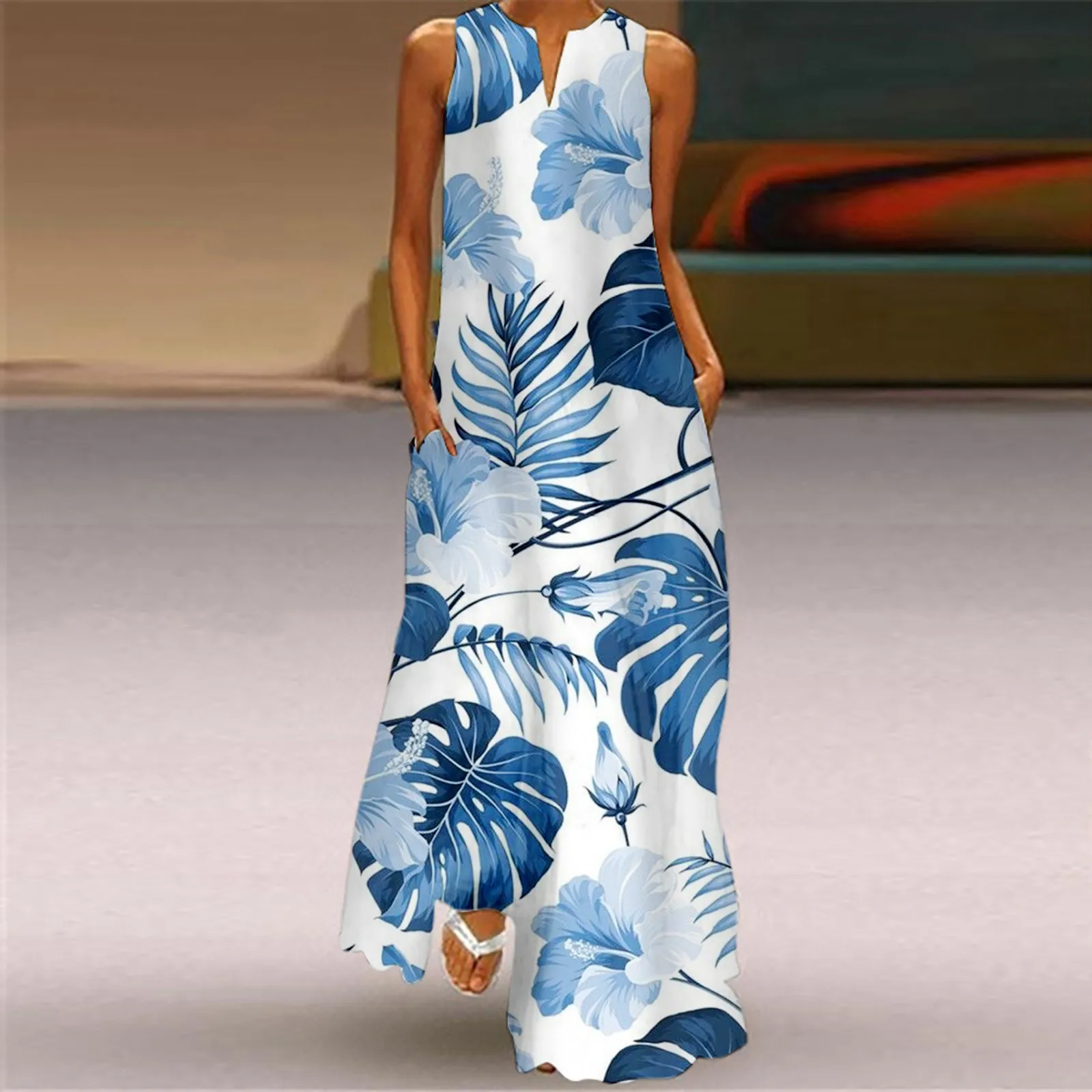 Women Summer Casual Sleeveless Print V Neck Maxi Loose Dress Boho Beach Long Sundress With Pockets Cute Sweater Dress
Women Summer Casual Sleeveless Print V Neck Maxi Loose Dress Boho Beach Long Sundress With Pockets Cute Sweater Dress