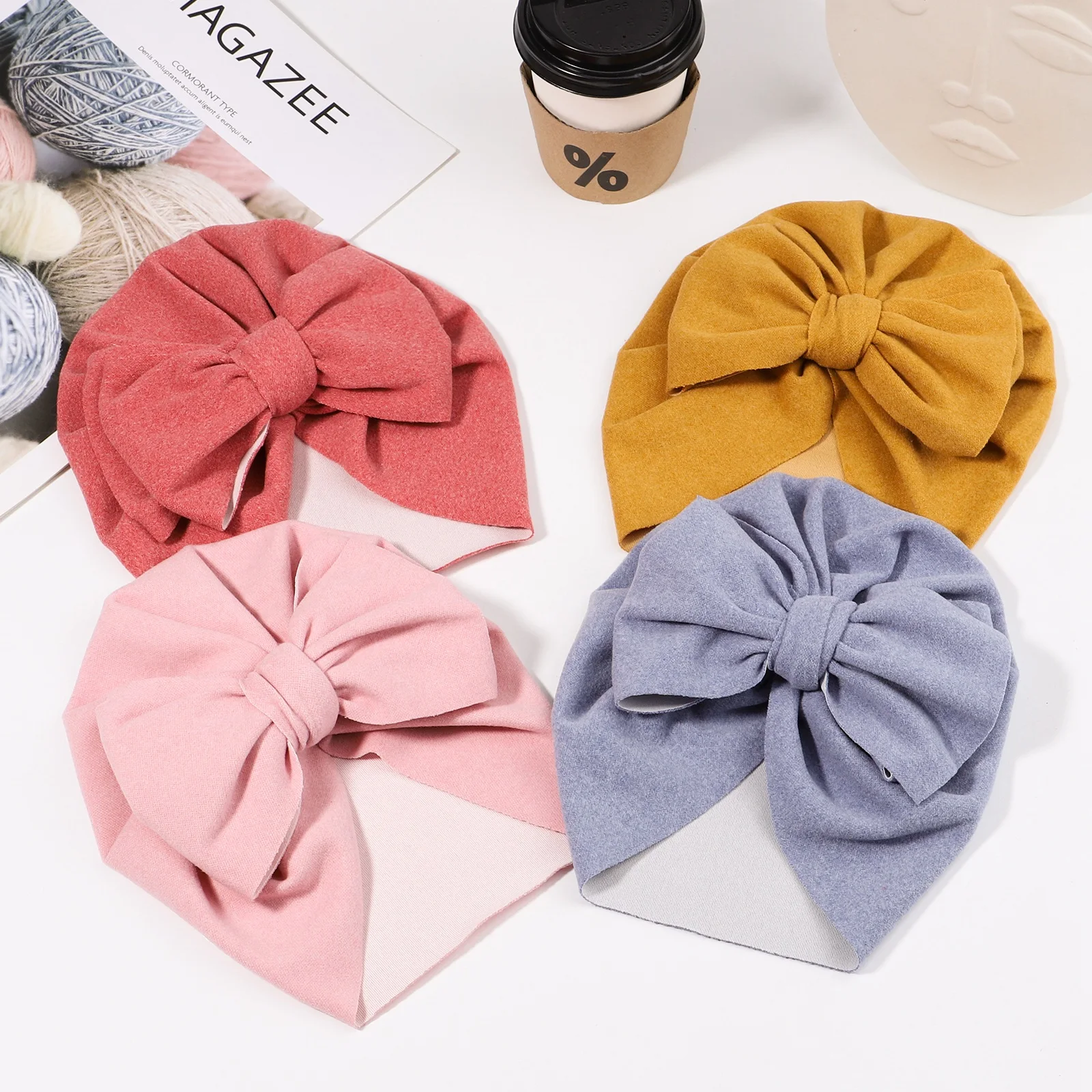 

1Piece Girls Baby Bows Cap Imitation Alpaca Fluff Bowknot Newborn Toddler Turban For Kids Soft Beanie Headbands Hair Accessories