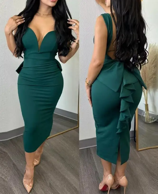 Sexy Plunge Ruffle Hem Bodycon Party Dress Fashion Women's Clothes Elegant French Retro Female Backless Mid-Calf Evening Dresses
Sexy Plunge Ruffle Hem Bodycon Party Dress Fashion Women's Clothes Elegant French Retro Female Backless Mid-Calf Evening Dresses