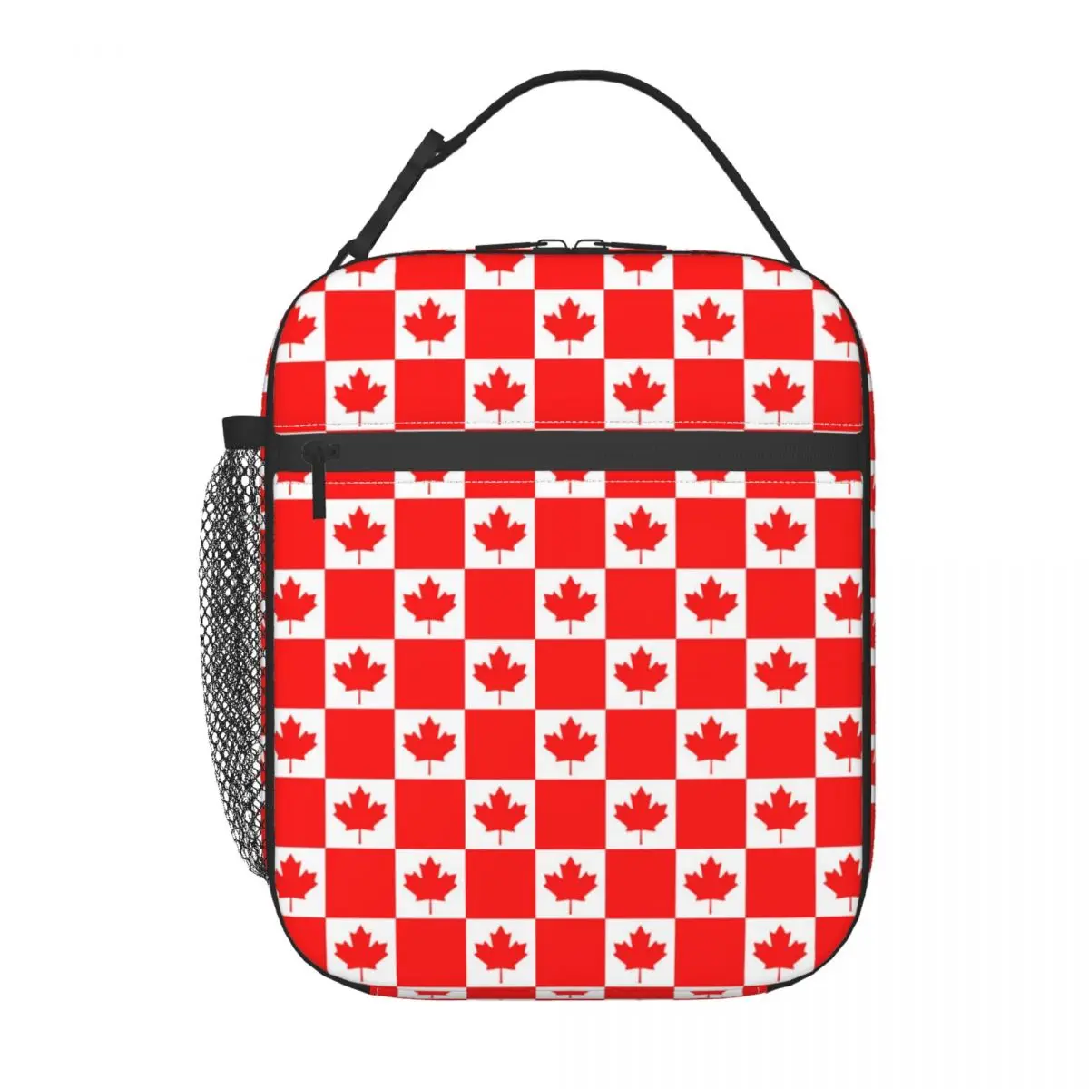 

Maple Leaf Print Lunch Bag with Handle Red Canadian flag Takeaway Mesh Pocket Cooler Bag Clutch Pearl Cotton Thermal Bag