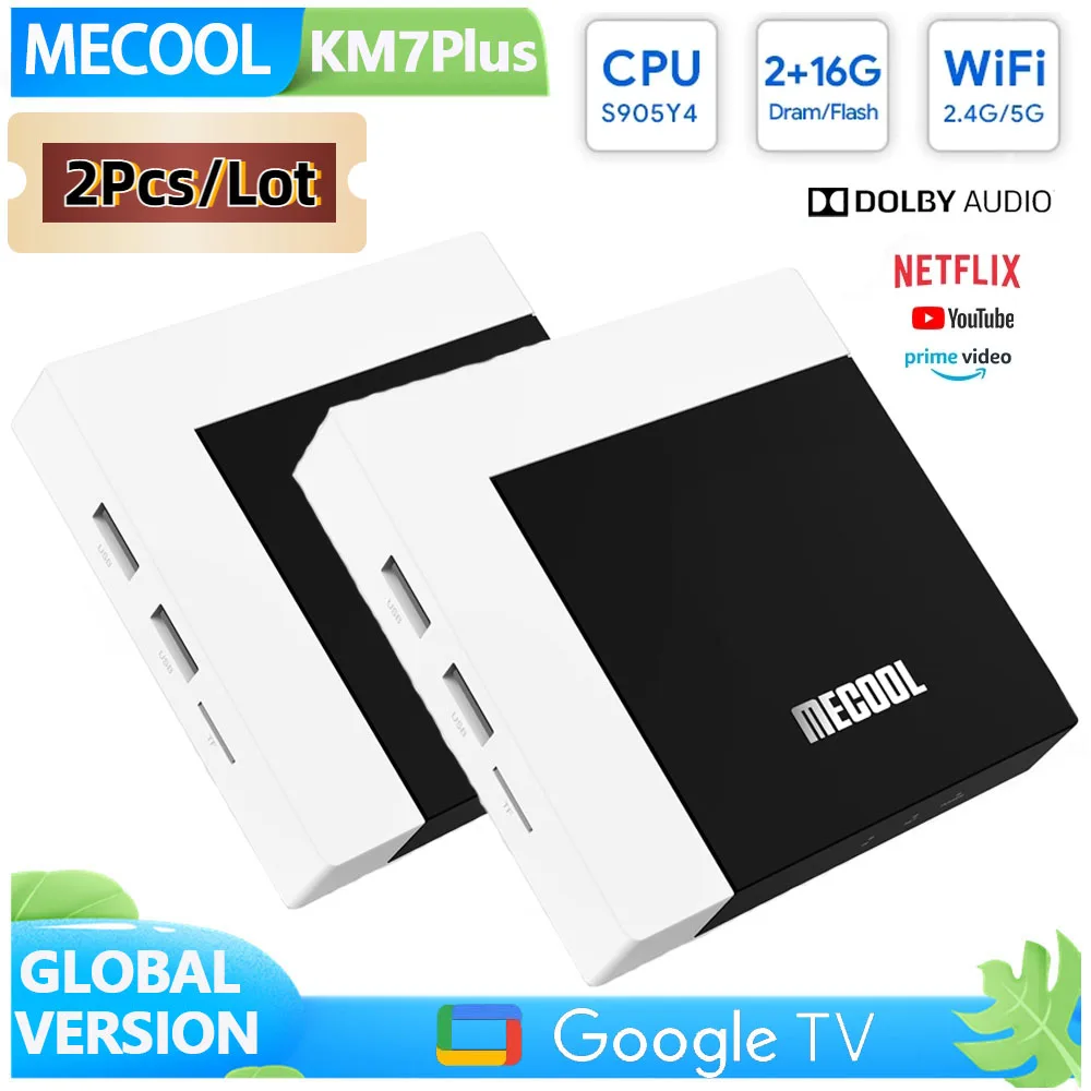 

2pcs、MECOOL KM7 Plus TV Box Android 11 Netflix 4k Google TV 2GB DDR4 16GB ROM 100M Internet S905Y4 Home Media Player Set Top Box