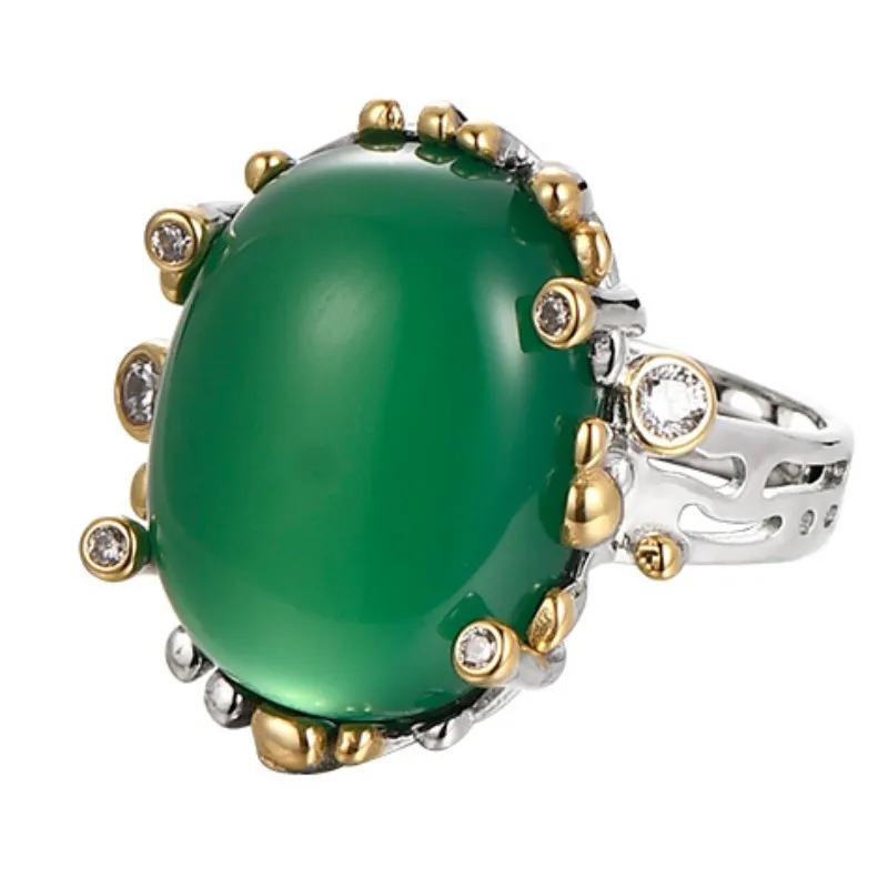 

S925 Silver Retro National Style Inlaid Green Agate Egg Face Ring Emerald Chalcedony Temperament Palace Gem Ring