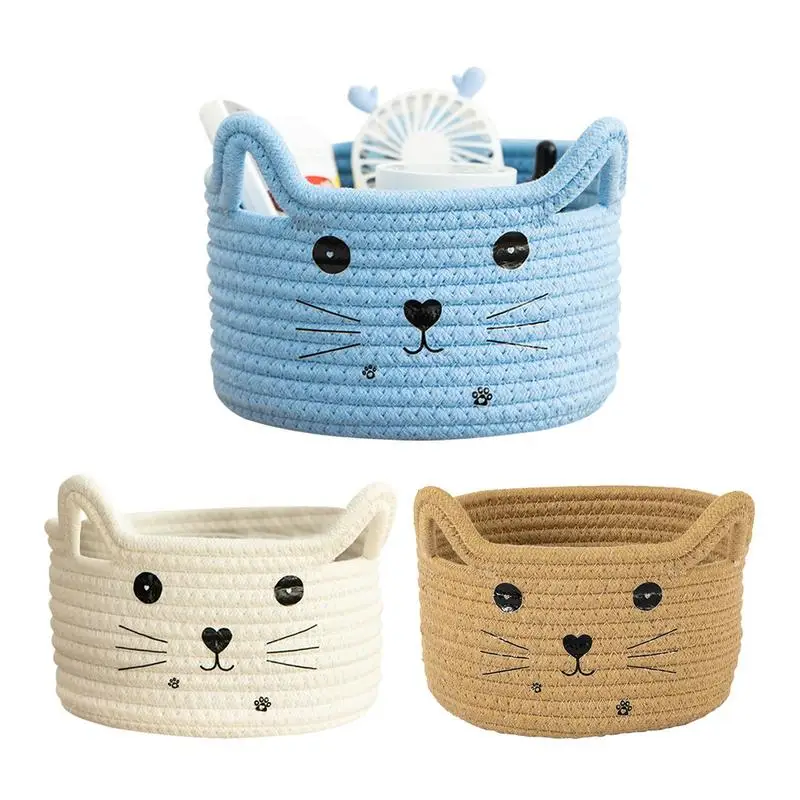 1pc Portable Toy Storage Basket Durable Braided Basket With 2 Cat Ear Handles Cotton Cat Ear Shape Round Sundries Sorting Box
1pc Portable Toy Storage Basket Durable Braided Basket With 2 Cat Ear Handles Cotton Cat Ear Shape Round Sundries Sorting Box