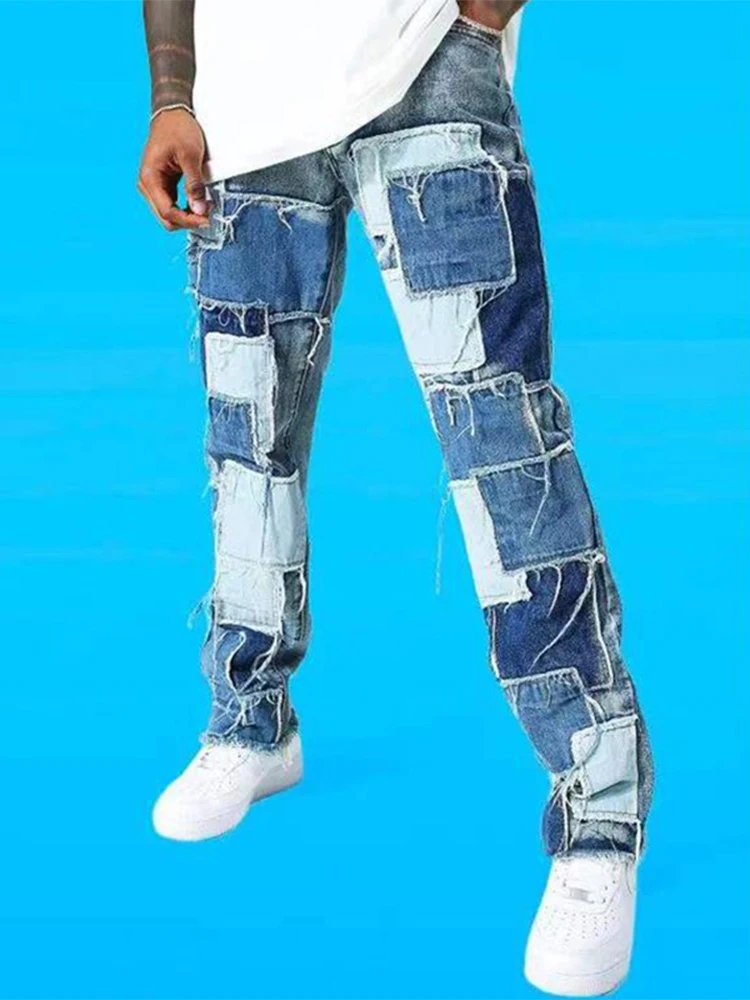 

2022 Spring Patchwork Fashion Jean Mens New Casual Straight Denim Trousers For Mens Vintage Cuffed Distressed Jeans Men Hipster