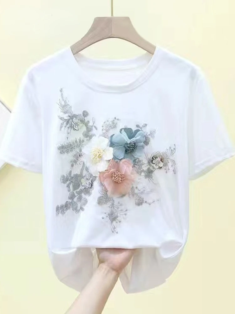 Womens T-Shirt Summer Short Sleeve Embroidery Handmade Flowers Tops Casual Female O-neck Bottoming T-shirt Fashion Mom Tee
Womens T-Shirt Summer Short Sleeve Embroidery Handmade Flowers Tops Casual Female O-neck Bottoming T-shirt Fashion Mom Tee