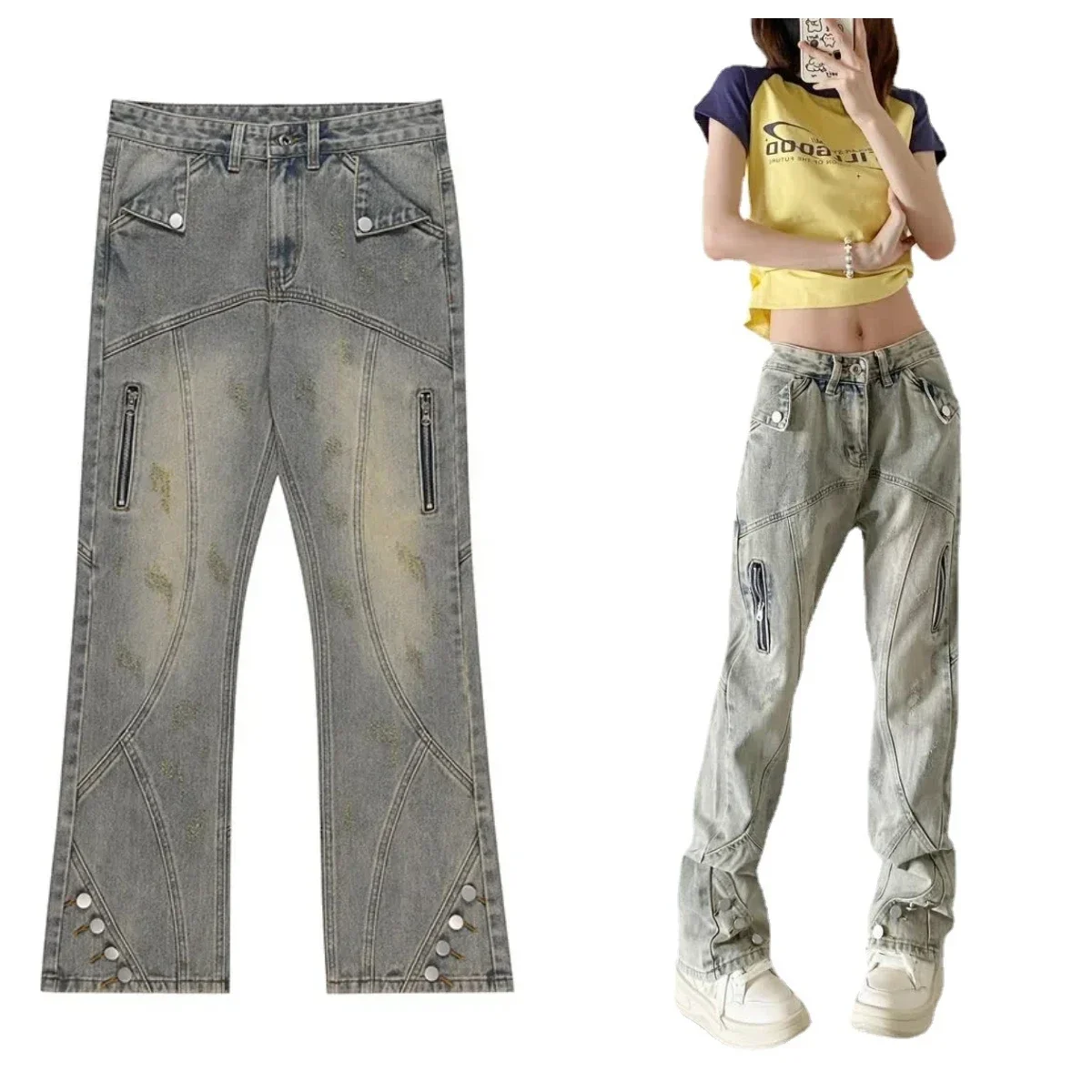 

Женские джинсы с молнией и множеством пуговиц, расклешенные брюки, легкие брюки-клеш из денима y2k с низкой талией, 2023, женская одежда, карго, хип-хоп