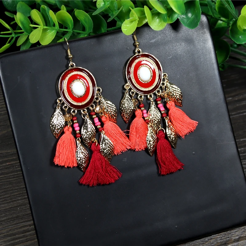 

Bohemian Ethnic Long Metal Leaf Rice Bead Tassel Dangle Earrings Oval Drop Glaze Handmade Earring Female Vacation Party Jewelry