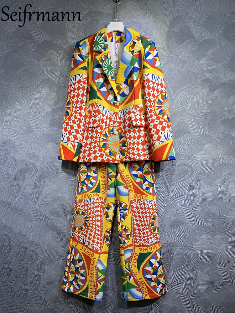 

Женские модельные брюки Seifrmann, комплекты из высококачественной облегающей куртки с разноцветным принтом и длинных брюк с высокой талией, лето