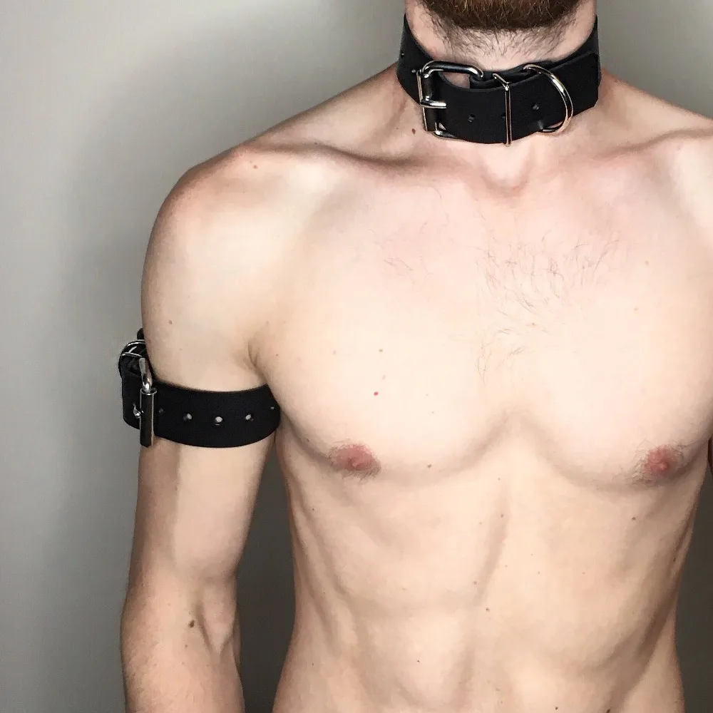 

Goth Bdsm Bondage Neck Rings PU Leather Harness Male Armband Fetish Gay Harness Adjustable Arm Rings Rave Cosplay Clubwear