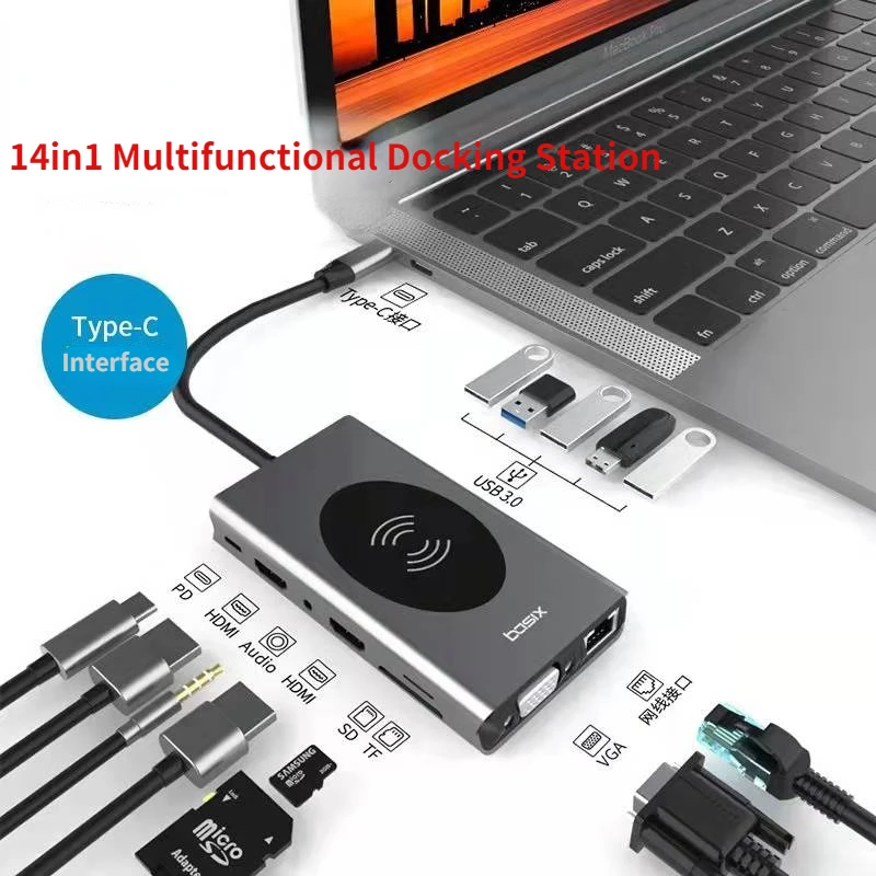 14in1 USB Hub Type C Multi-function Docking Station to HDMI Network Port VGA Mobile Phone Wireless Charging Compatible with Rj45
14in1 USB Hub Type C Multi-function Docking Station to HDMI Network Port VGA Mobile Phone Wireless Charging Compatible with Rj45