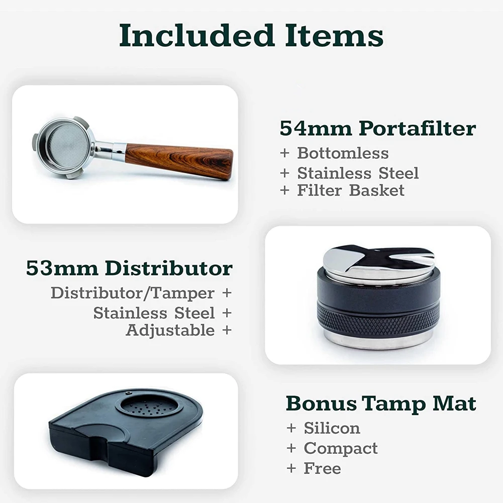 Coffee 54mm Bottomless Portafilter + 53mm Coffee Distributor & Tamper + Tamp Mat for the Breville Barista Express
Coffee 54mm Bottomless Portafilter + 53mm Coffee Distributor & Tamper + Tamp Mat for the Breville Barista Express