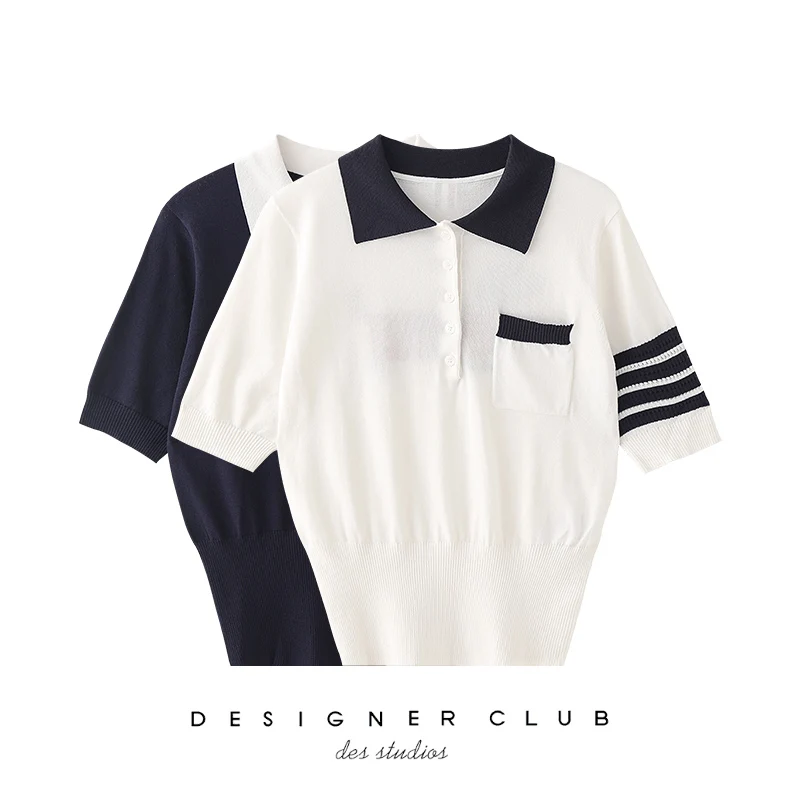 British style TB four-bar contrast color polo ice silk knitted design sense of niche high-end short-sleeved T-shirt women
British style TB four-bar contrast color polo ice silk knitted design sense of niche high-end short-sleeved T-shirt women