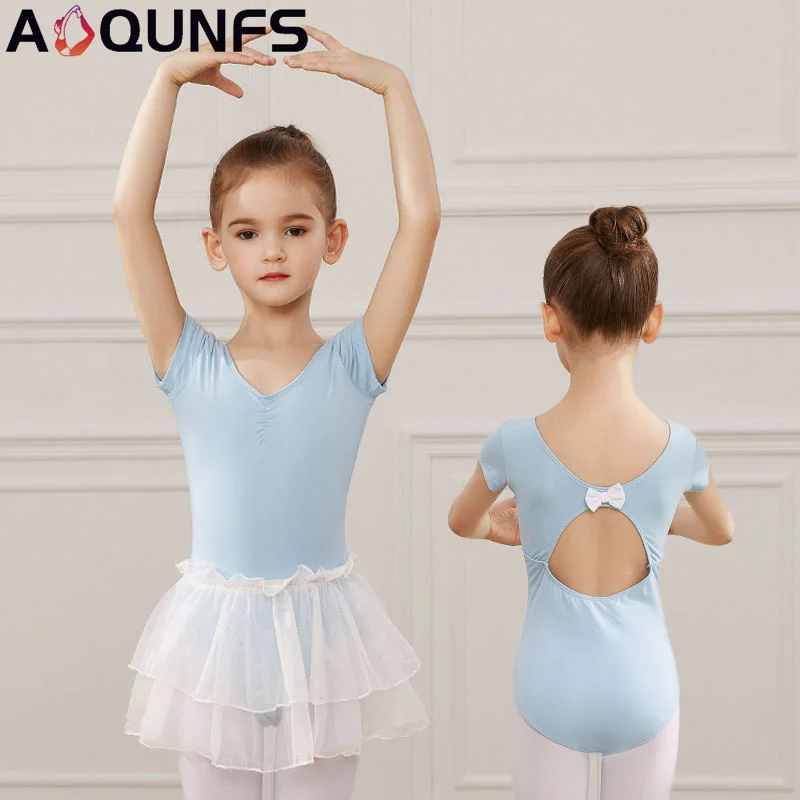 

AOQUNFS Ballet Leotards Girls Bodysuit For Children Dance Gymnastics Short Sleeve Tutu Dress Kids Ballerina Costumes Bow Back