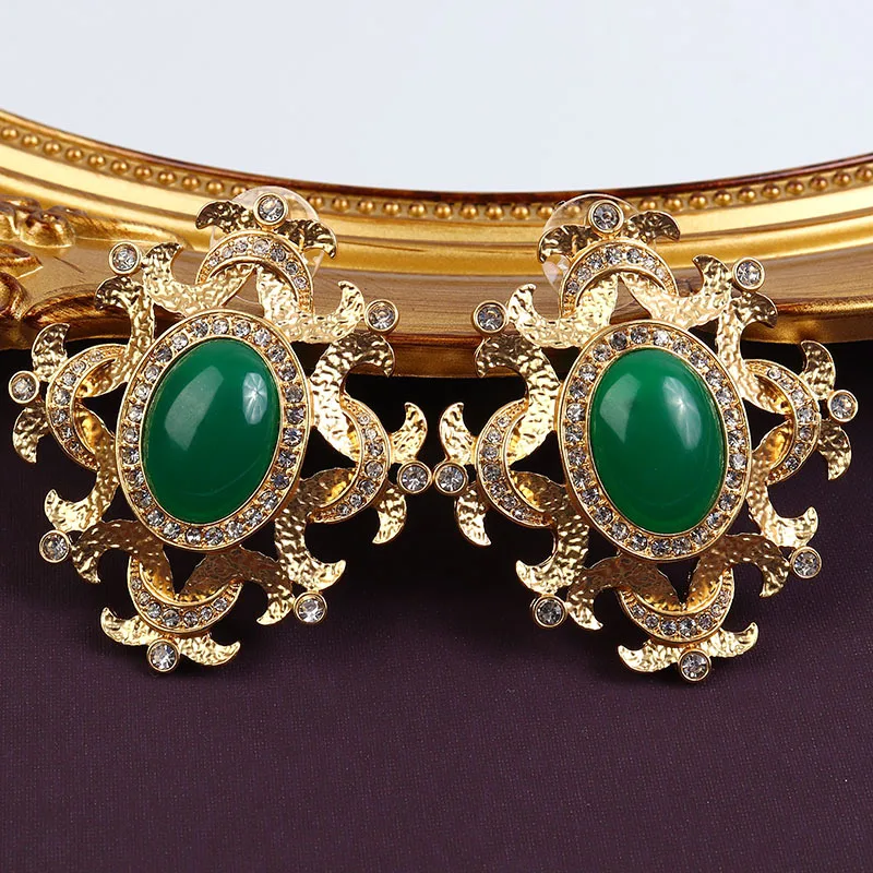 

Vintage Natural Jade Emerald Ear Stud Gemstone Earrings 24K 114K Gold Filled 18th Century European Royal Earring Jewelry Copy