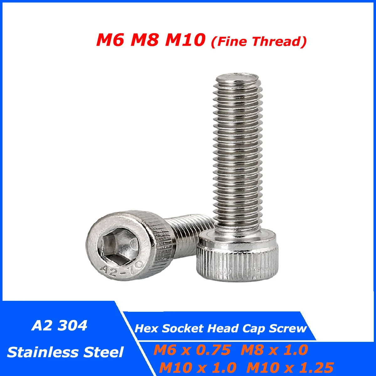 

1-10pcs M6 M8 M10 Fine Thread Hexagon Hex Socket Head Cap Allen Bolt Screw Pitch 0.75/1/1.25mm A2 304 Stainless Steel