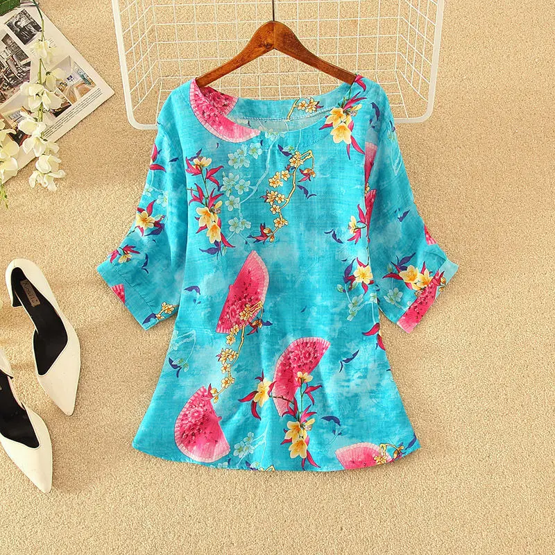 Linen Cotton Short-sleeve Womens Tops Oversize Floral Print Blouses Clothing Summer Round Neck Loose Top Bottoming Shirt Trend
Linen Cotton Short-sleeve Womens Tops Oversize Floral Print Blouses Clothing Summer Round Neck Loose Top Bottoming Shirt Trend