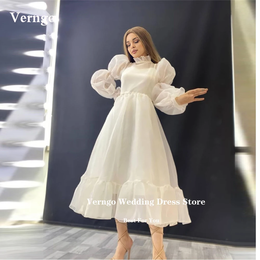 

Verngo Modest Simple A Line Organza Wedding Dresses High Neck Puff Long Sleeves Tea Length Dubai Arabic Formal Party Bride Gowns