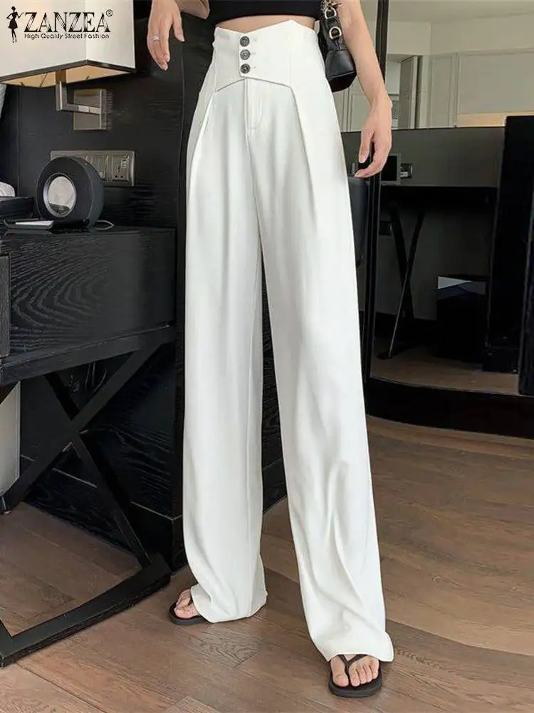 

ZANZEA Korean Fashion Straight Pant Asymmetrical High Waist Long Pants OL Chic Casual Loose Women 2023 Trousers Elegant Pantalon