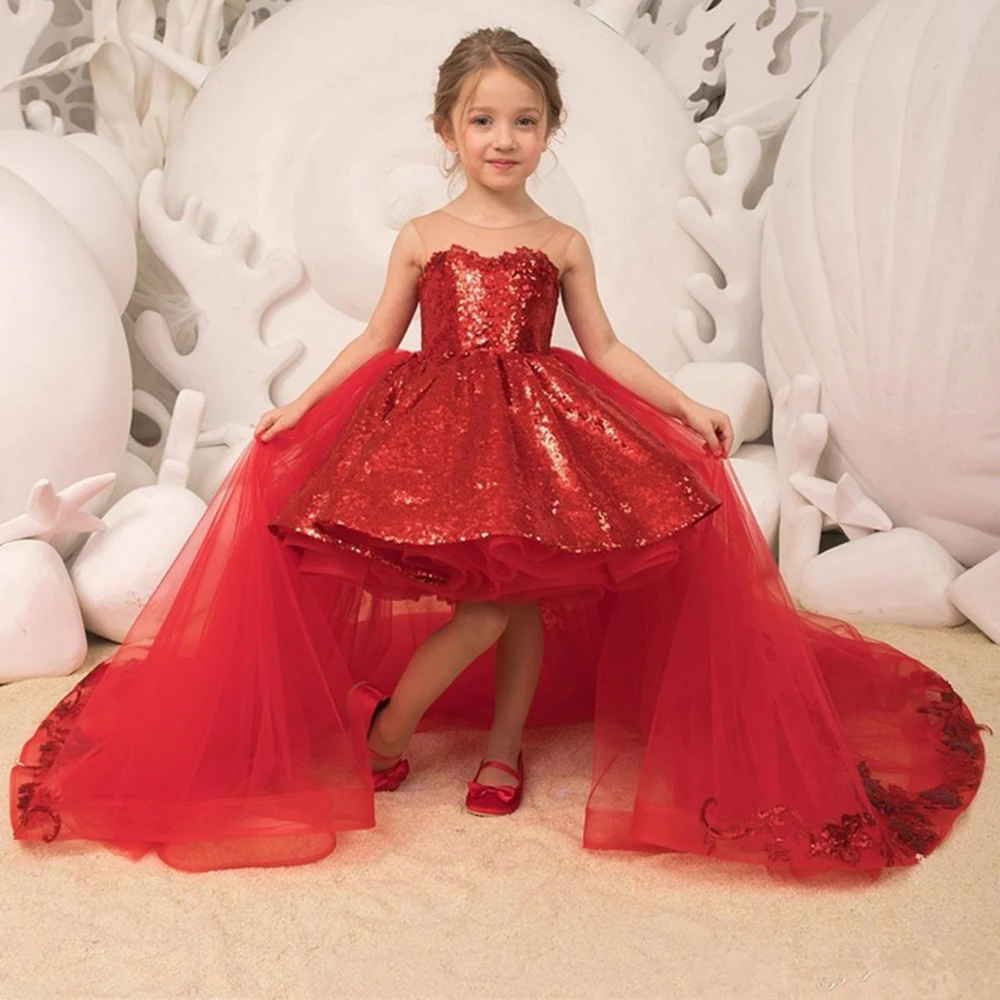 

2022 блестящие платья для девочек с красными цветами и блестками, бальное платье из тюля с аппликацией и бантом, со съемным шлейфом, для детской вечеринки, для принцессы, для конкурса