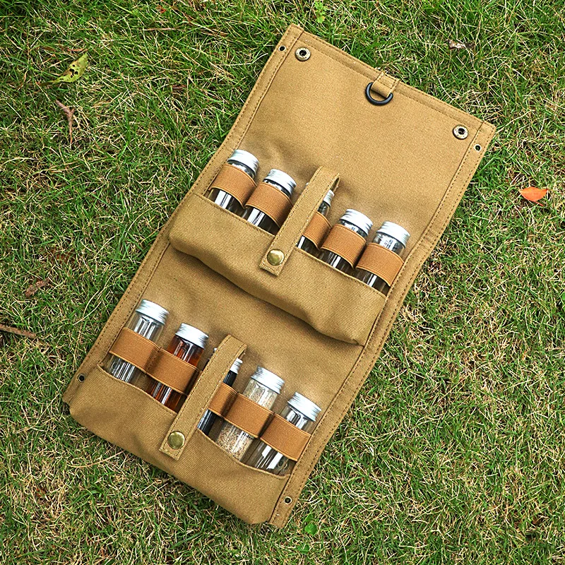 

Outdoor Camping Storage Bag Portable Barbecue Spice Seasoning Glass Bottle Combination Set Travel Canvas Picnic Bag