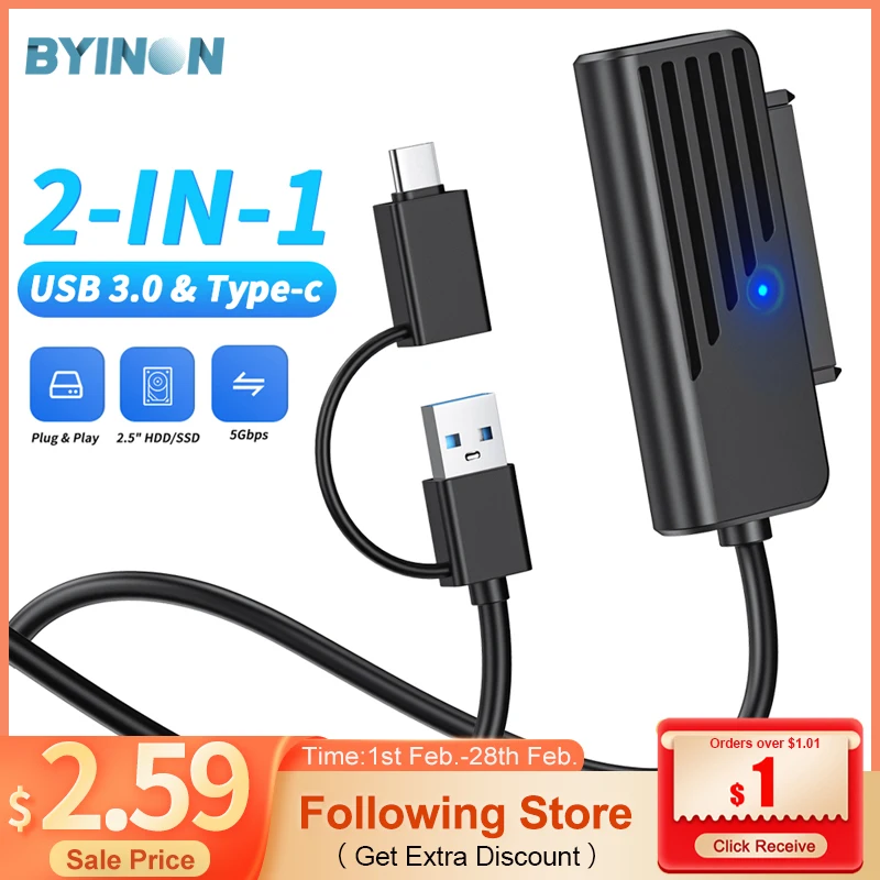 Адаптер Byinon с SATA на USB 3,0, преобразователь 2 в 1, кабель USB C/A на SATA для 2,5 дюймового внешнего SSD HDD, адаптер для компьютера
Адаптер Byinon с SATA на USB 3,0, преобразователь 2 в 1, кабель USB C/A на SATA для 2,5 дюймового внешнего SSD HDD, адаптер для компьютера