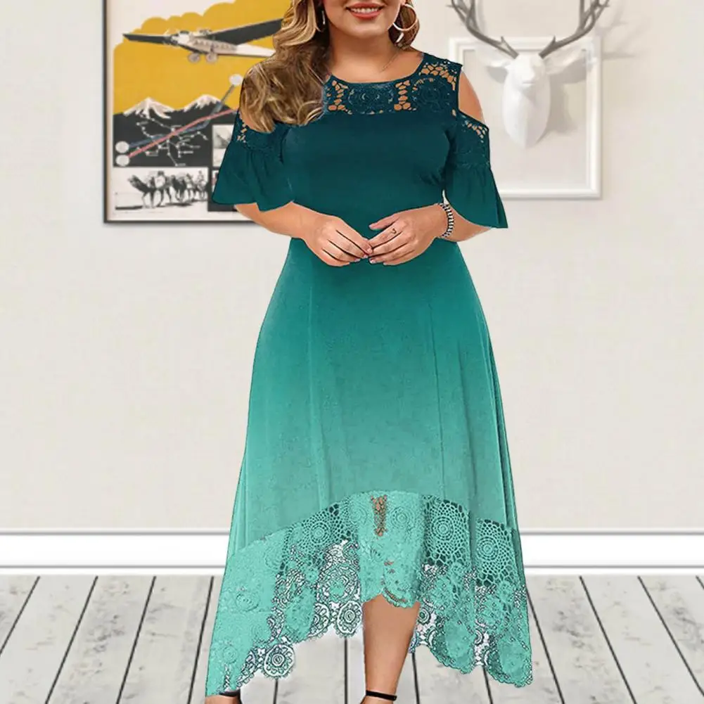 Midi Dress O-neck Ruffle Short Sleeve Cold Shoulder Irregular Hemline Evening Dress Lace Stitching Gradient Color Female Clothes
Midi Dress O-neck Ruffle Short Sleeve Cold Shoulder Irregular Hemline Evening Dress Lace Stitching Gradient Color Female Clothes