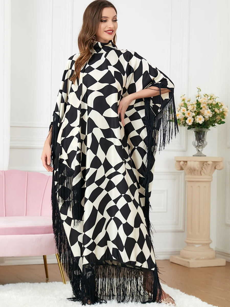 

QNPQYX Abaya Muslim Women Fashion Tassel Zebra Print Batwing Sleeve Black Abaya Caftan Marocain Turkey Dress Islam Ramadan