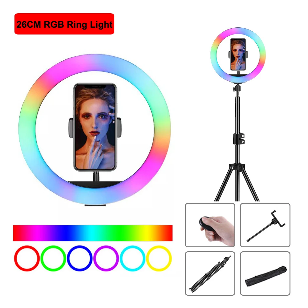 10inch 26cm RGB LED Ring Light With Tripod Stand Phone Clip Colorful Photography Lighting for TikTok Vlogging Video YouTube Live
10inch 26cm RGB LED Ring Light With Tripod Stand Phone Clip Colorful Photography Lighting for TikTok Vlogging Video YouTube Live