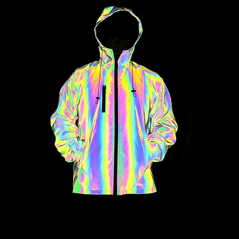 Colorful Reflective Hooded Jackets Men Hip Hop Punk Rainbow Zipper Windproof Coat Night Fluorescence Cycling Jacket Veste Homme
Colorful Reflective Hooded Jackets Men Hip Hop Punk Rainbow Zipper Windproof Coat Night Fluorescence Cycling Jacket Veste Homme