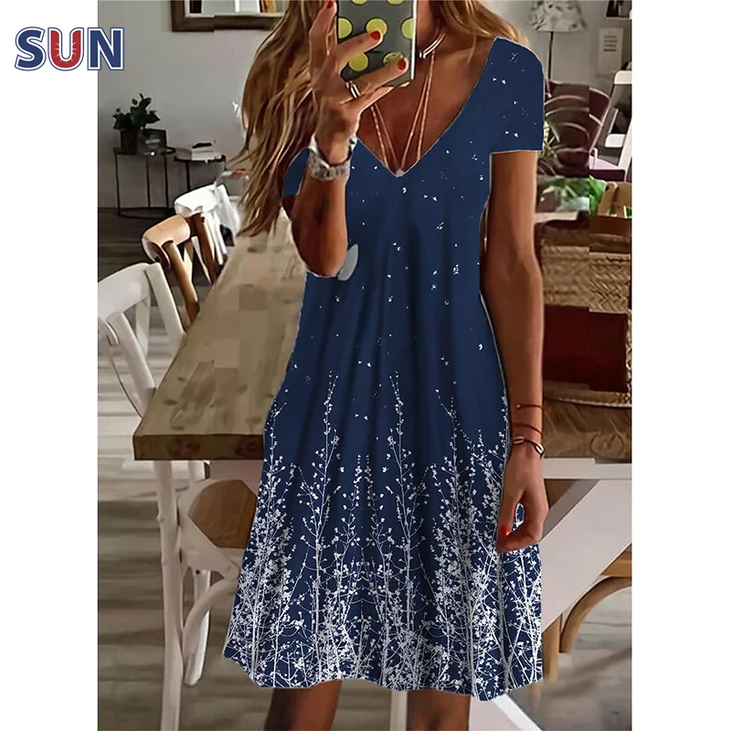 Ladies Summer Abstract Print Dress V Neck Short Sleeve Elegant Fashion Women Dress Knee Length NewCasual Holiday Dress Plus 2022 
Ladies Summer Abstract Print Dress V Neck Short Sleeve Elegant Fashion Women Dress Knee Length NewCasual Holiday Dress Plus 2022