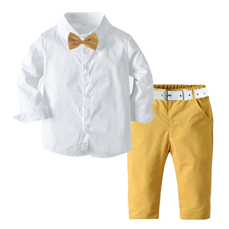 Boy Set Toddler Clothing Autumn Long Sleeve Kids White Shirt Bow + Yellow Pants + White Belt 4 Pieces Children Outfits Suit
Boy Set Toddler Clothing Autumn Long Sleeve Kids White Shirt Bow + Yellow Pants + White Belt 4 Pieces Children Outfits Suit