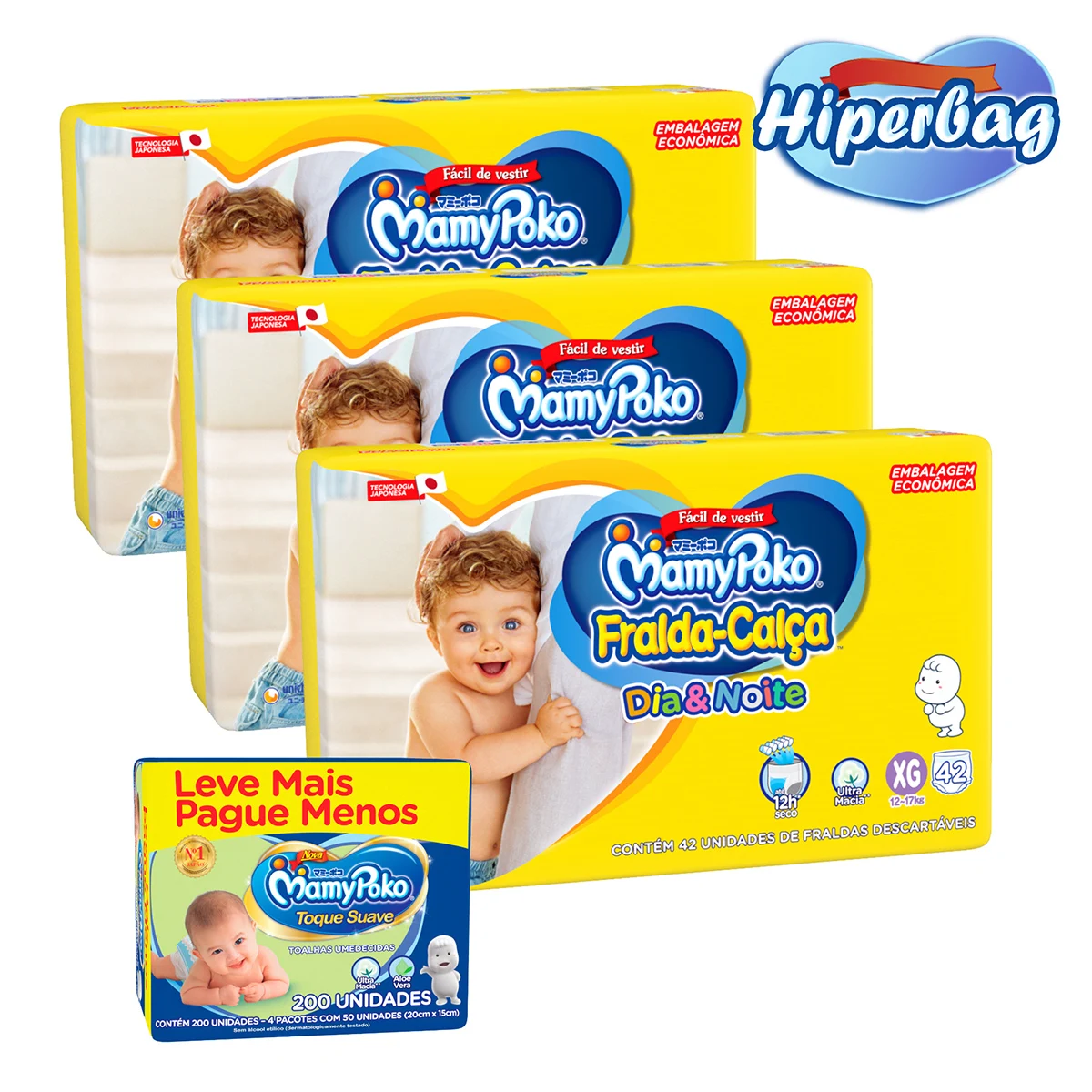 Kit 03 Hiper Bag BREAKFUL DOWN Disposable DAY & NIGHT MamyPoko XG -126 Units + 200 Wet Wipes
Kit 03 Hiper Bag BREAKFUL DOWN Disposable DAY & NIGHT MamyPoko XG -126 Units + 200 Wet Wipes