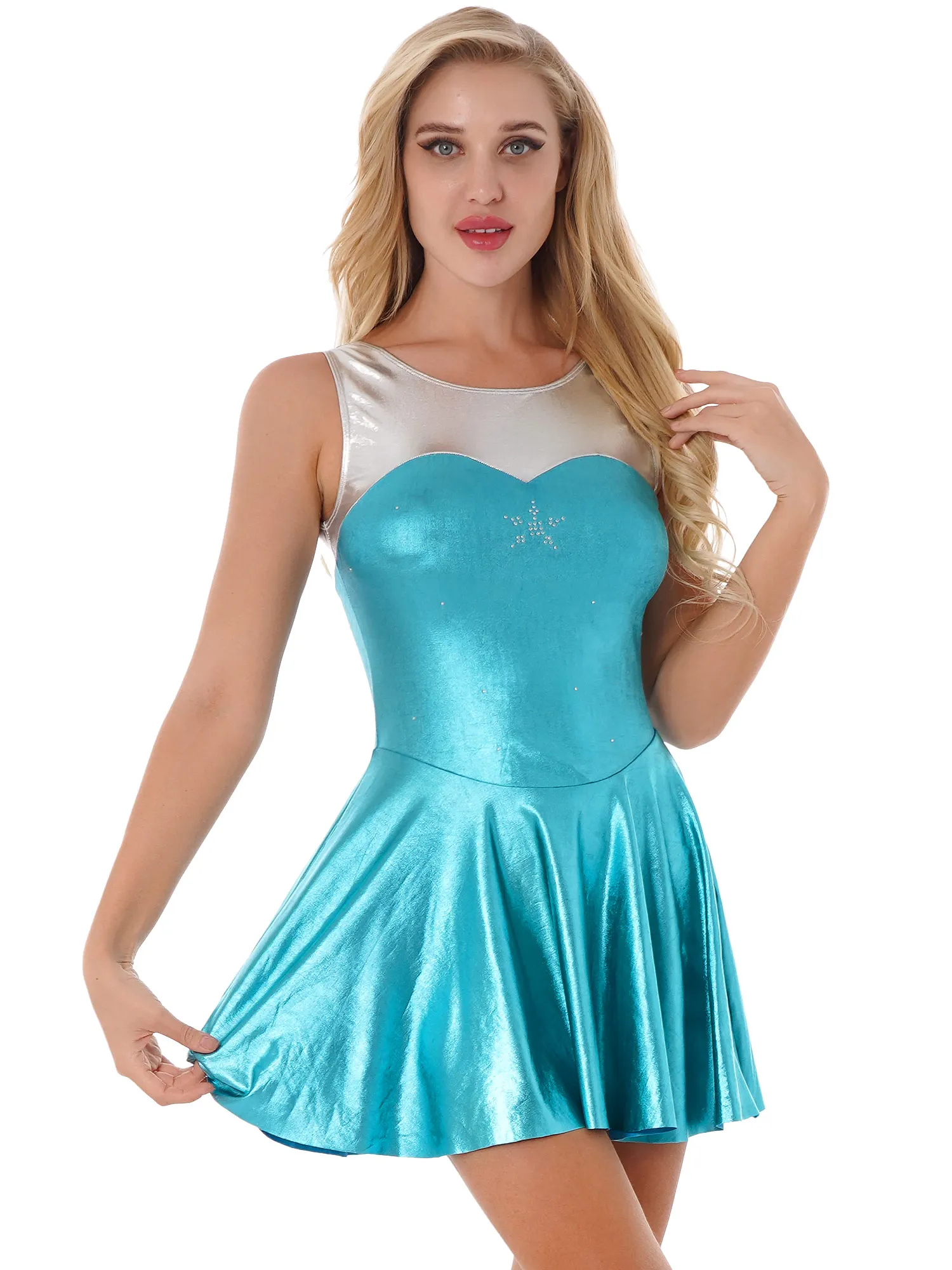Women Shiny Metallic Rhinestone Decorate Dance Dress Round Neck Contrast Color Dresses Dancewear with Briefs
Women Shiny Metallic Rhinestone Decorate Dance Dress Round Neck Contrast Color Dresses Dancewear with Briefs