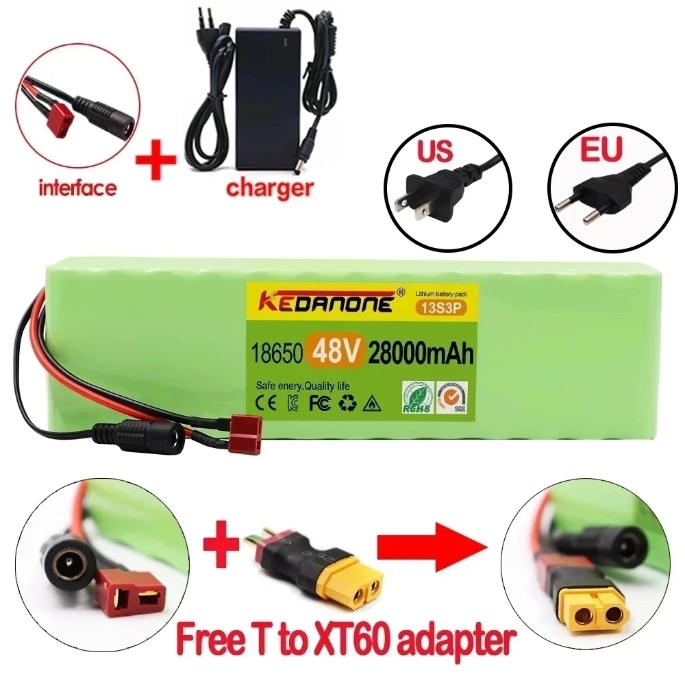 New 48V 28000mAh 1000w 13S3P XT60 48V Lithium ion Battery Pack 28Ah For 54.6v E-bike Electric bicycle Scooter with BMS+charger
New 48V 28000mAh 1000w 13S3P XT60 48V Lithium ion Battery Pack 28Ah For 54.6v E-bike Electric bicycle Scooter with BMS+charger