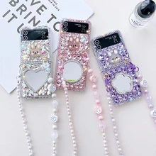 Unique Luxury Pearl Diamond Rabbit Mirror Wrist Phone Case Cover For Samsung Galaxy Z Flip 2 4 3 5G F7110 F7070