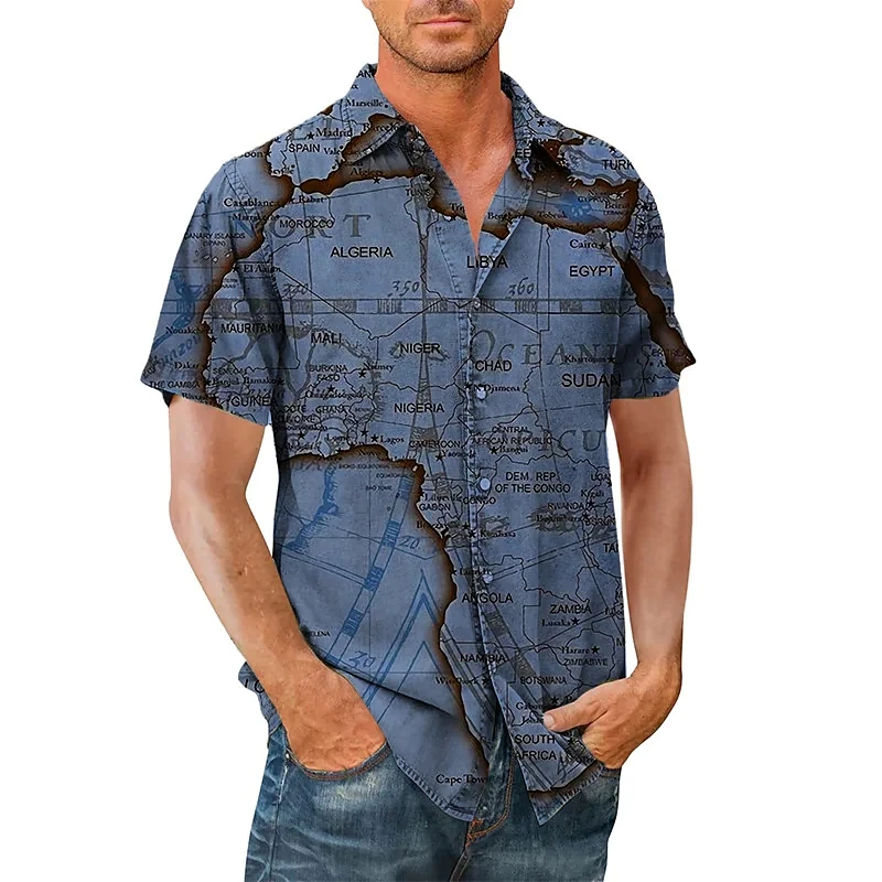 

Men's Shirt Summer Hawaiian Shirt Map Graphic Prints Vintage Turndown Blue Green Khaki Gray Street Casual Short Sleeves