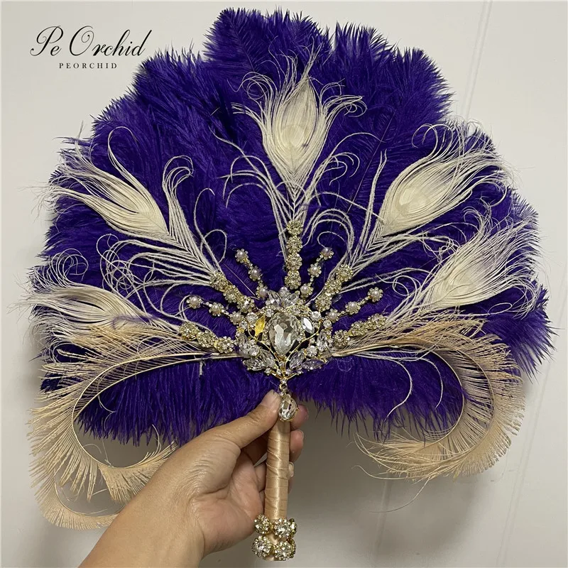 

PEORCHID Purple Feathers Bridal Fan Bouquets Crystal Great Gatsby 1902s Art Deco Brooch Wedding Bouquet Bridesmaid Hand Fan Gift