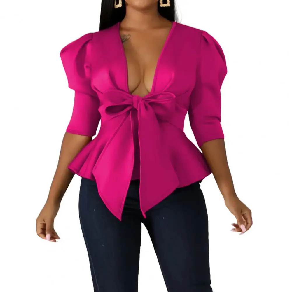 Blazer Vintage Coat Deep V-neck Puff Half Sleeve Solid Color Women Coat Ruffle Hem Bowknot Bandage Peplum Blazer Stylish Tops
Blazer Vintage Coat Deep V-neck Puff Half Sleeve Solid Color Women Coat Ruffle Hem Bowknot Bandage Peplum Blazer Stylish Tops