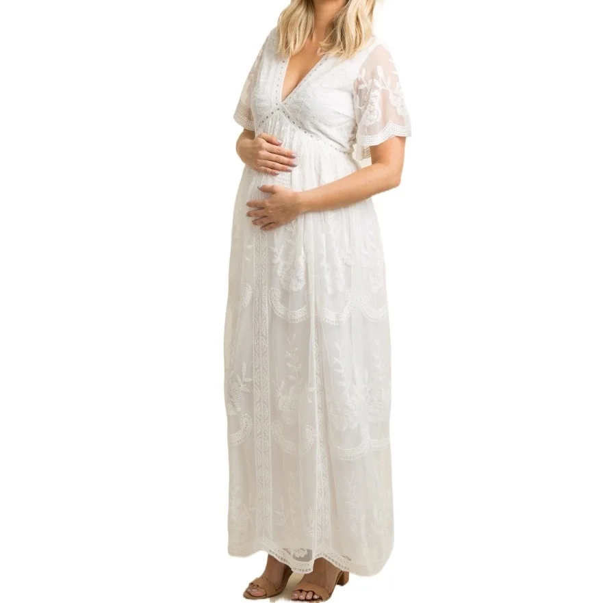 

Women Maternity Dress for Photoshoot Lace Flower Short Sleeve Side Ruched Gown Maxi Wedding Bride Pregnancy Photography Dress