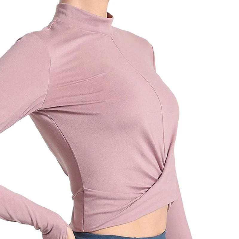 

Женская футболка, Фиолетовый эластичный укороченный топ, одежда для йоги, блузки с нагрудными подушечками и длинными рукавами, стильные спортивные футболки для бега на осень и зиму