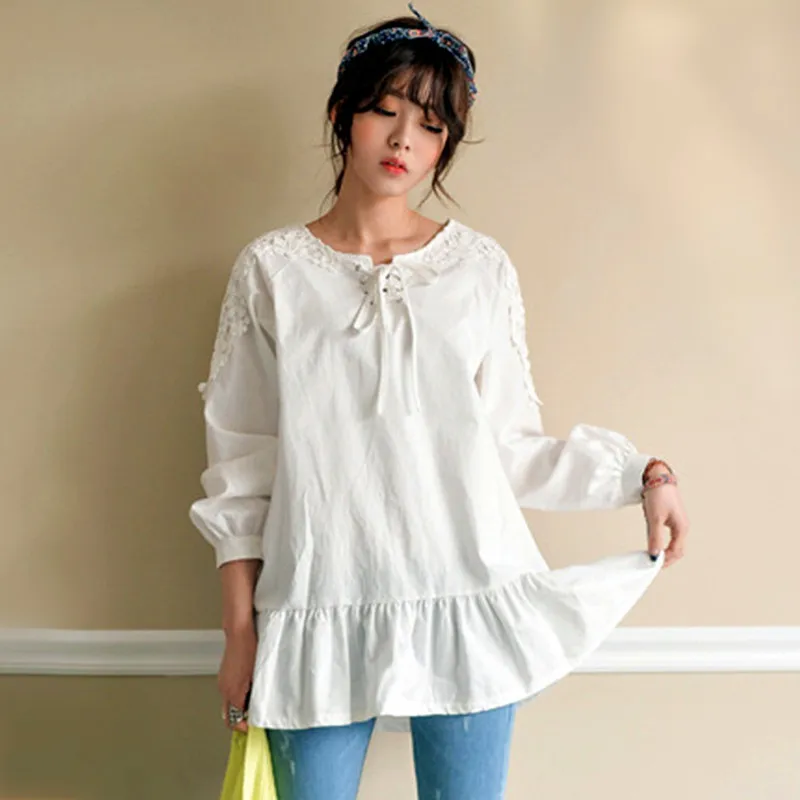 Woman blouse 2018 spring summer lace-up tops ladies sweet ruffle peplum bottom mori girl cotton long sleeve white shirts blouses
Woman blouse 2018 spring summer lace-up tops ladies sweet ruffle peplum bottom mori girl cotton long sleeve white shirts blouses