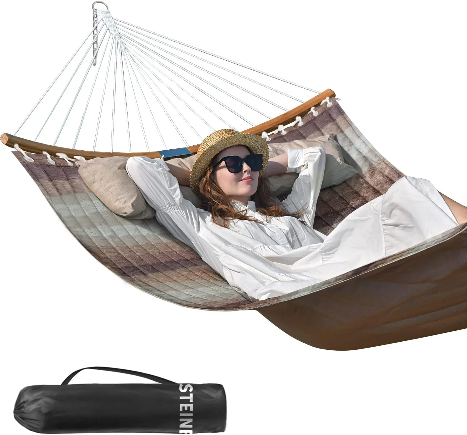 

POPTOP Double Hammock, 11 FT Quilted Fabric 2 Person Hammock for Outside with Pillow, Folding Spreader , Chains, Carrying Bag,