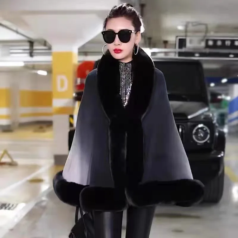 Autumn Winter New Imitation Otter Rabbit Fur Collar Cardigan Gradient Color Cape Women Knit Poncho Lady Capes Black Cloak
Autumn Winter New Imitation Otter Rabbit Fur Collar Cardigan Gradient Color Cape Women Knit Poncho Lady Capes Black Cloak