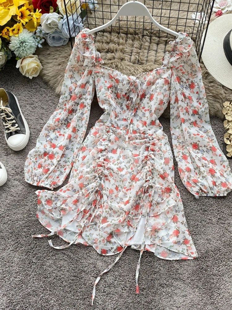 French Retro Dress Women Sweet French Square Neck Lotus Leaf Drawstring Floral Print Chiffon Dresses Female Vestidos 
French Retro Dress Women Sweet French Square Neck Lotus Leaf Drawstring Floral Print Chiffon Dresses Female Vestidos