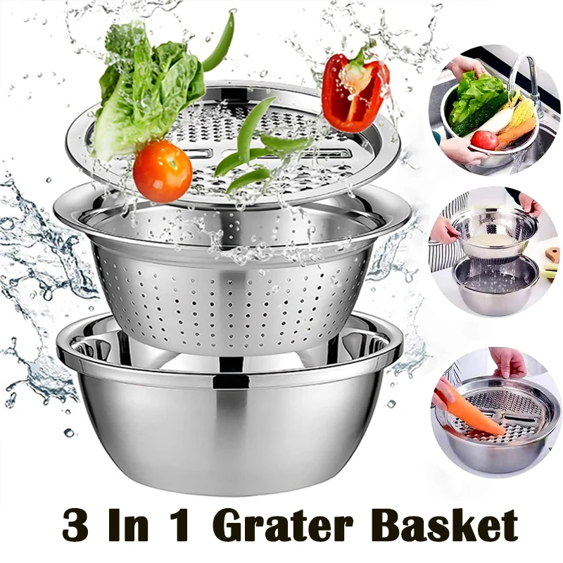 

3 in 1 Kitchen Stainless Steel Basin Draining Basket Vegetable Slicer Multipurpose Julienne Graters Salad Maker Bowl Clean Tools