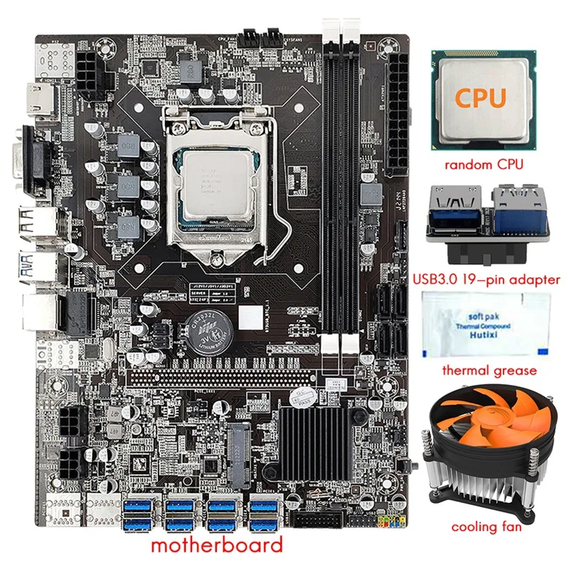 B75 8 Card Mining Motherboard+CPU+Fan+Thermal Grease+USB3.0 19-Pin Adapter 8 USB3.0 (PCIE) GPU Slot LGA1155 DDR3 SATA3.0
B75 8 Card Mining Motherboard+CPU+Fan+Thermal Grease+USB3.0 19-Pin Adapter 8 USB3.0 (PCIE) GPU Slot LGA1155 DDR3 SATA3.0