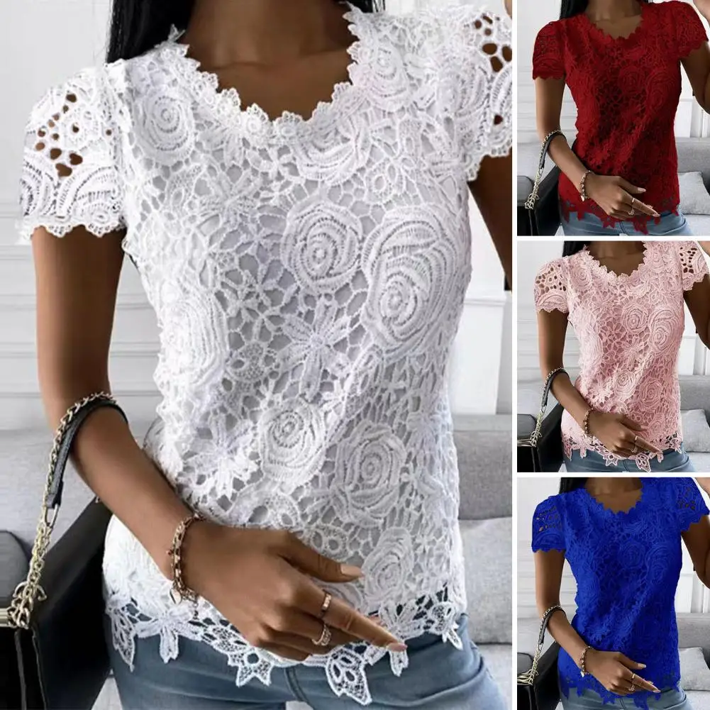 

Stylish Summer T-shirt Soft Bottoming Blouse Crew Neck Charming Lace Summer Tee Top Dressing Up