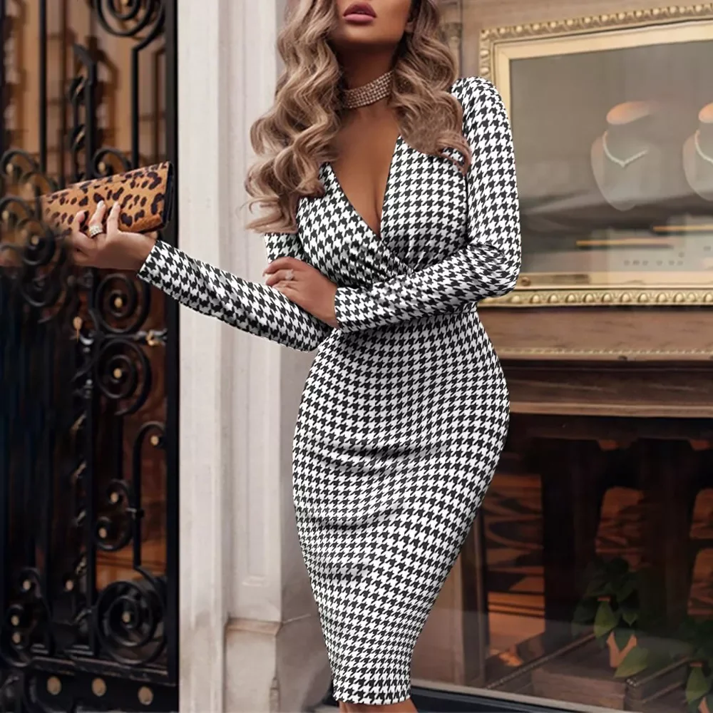 Autumn Long Sleeve Bodycon Elegant Office Lady Dress Fashion Houndstooth Print Sexy V neck Slim Pencil Dresses For Women 2021|Dr
Autumn Long Sleeve Bodycon Elegant Office Lady Dress Fashion Houndstooth Print Sexy V neck Slim Pencil Dresses For Women 2021|Dr